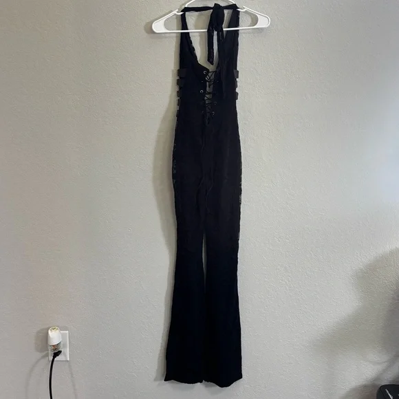 Black Halter Lace-Up Evening Jumpsuit - Picture 2 of 4